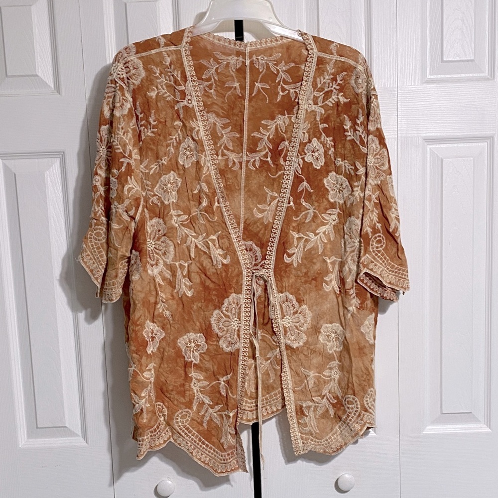 Tan & cream tie dye Embroidered Floral cardigan cover up shaw Top ONE SIZE